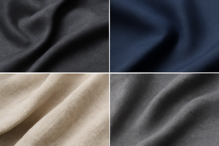 Four-part collage showing close-up textures of wool, polyester, linen, and blended suit fabrics
